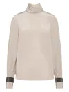 Brunello Cucinelli Embellished Cuffs High Neck Blouse In Sand