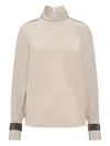 Brunello Cucinelli Embellished Cuffs High Neck Blouse In Sand