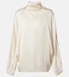 Brunello Cucinelli Turtleneck Fluid Silk Long-sleeve Blouse In White