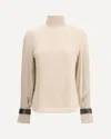 Brunello Cucinelli Women Silk Turtleneck Blouse With Precious Bracelets In Sand