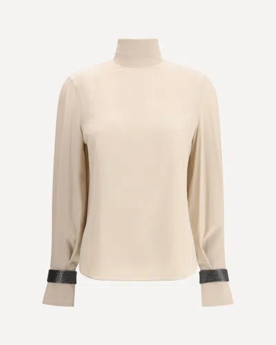 BRUNELLO CUCINELLI SILK TURTLENECK BLOUSE WITH PRECIOUS BRACELETS