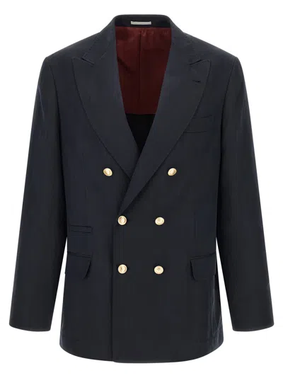 Brunello Cucinelli Silk Twill And Linen Délavé Blazer In Navy