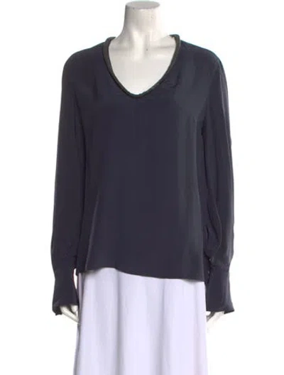 Pre-owned Brunello Cucinelli Silk V-neck Blouse W/ Tags In Blue