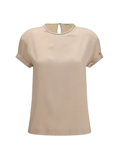 Brunello Cucinelli Silk With Monili Chain Embroidery Blouse In Neutral