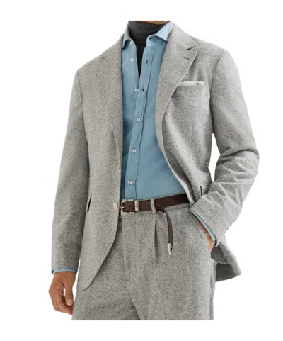 Brunello Cucinelli Silk, Wool And Cashmere Flecked Prince Of Wales Flannel Deconstructed Blazer In Gray