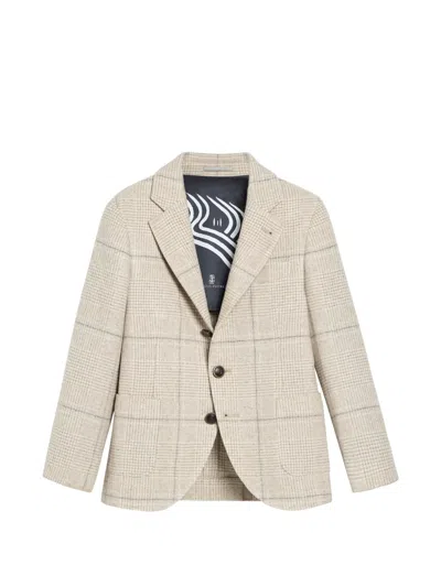 Brunello Cucinelli Kids' Silk, Wool And Cashmere Prince Of Wales Flannel Blazer In Neutrals
