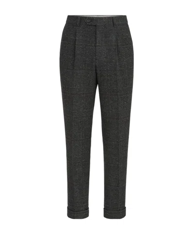 Brunello Cucinelli Silk, Wool And Cashmere Prince Of Wales Flannel Trousers With Pleat In Black