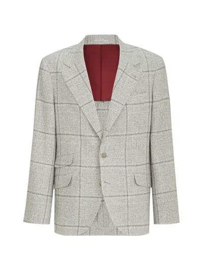 Brunello Cucinelli Silk, Wool And Cashmere Prince-of-wales Flannel Deconstructed Cavallo Blazer With Metal Buttons In Gray