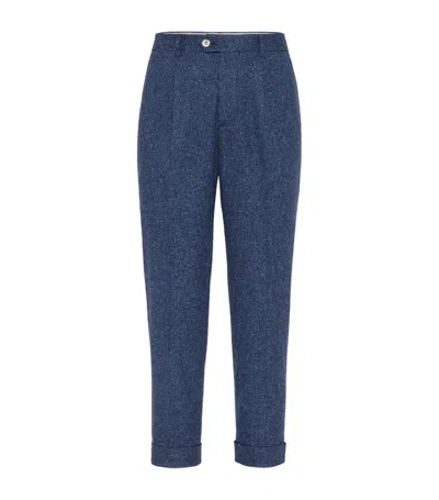Brunello Cucinelli Silk-wool-cashmere Tapered Trousers In Blue