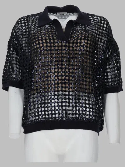 Brunello Cucinelli Silk-linen Sweater Polo Shirt In Black