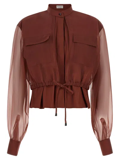 Brunello Cucinelli Silk-sleeve Contrast Blouse In Brown
