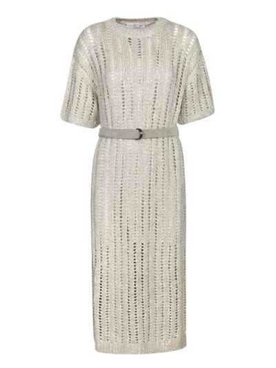 Brunello Cucinelli Silver Belted Crochet Midi Dress In Beige