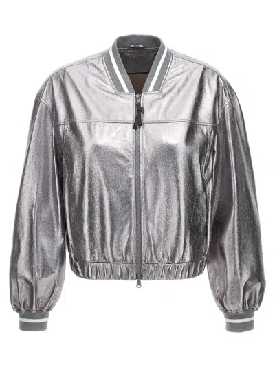 BRUNELLO CUCINELLI SILVER LAMINATED LEATHER BOMBER JACKET