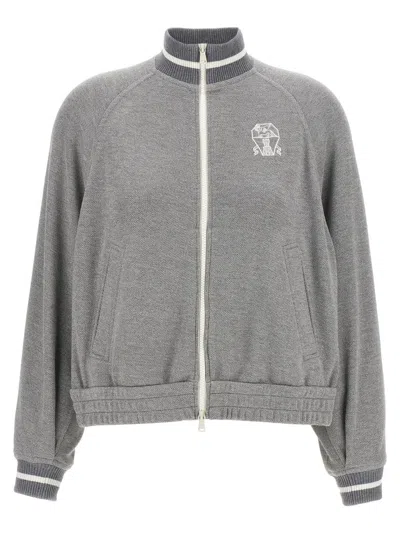 Brunello Cucinelli Silver Logo Embroidery Lam Sweatshirt In Gray