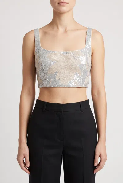 Brunello Cucinelli Silver Sequin-embroidered Linen Blouse In Gray