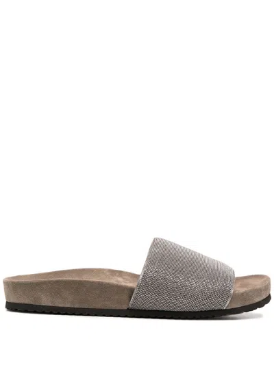 BRUNELLO CUCINELLI SILVER MONILE SUEDE SLIDES