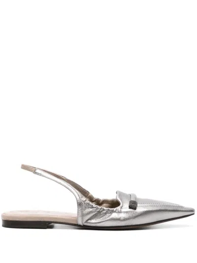 Brunello Cucinelli Silver-tone Monili-detail Slingback Ballerina Shoes