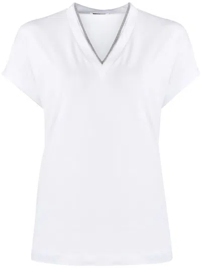 Brunello Cucinelli Silver Trim V-neck Tee In White