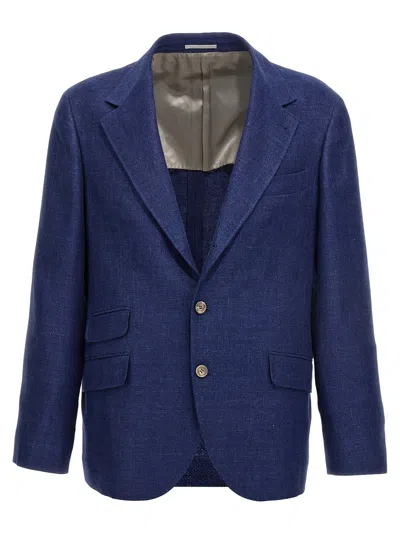 Brunello Cucinelli Single Breast Linen Blazer Jacket In Indigo