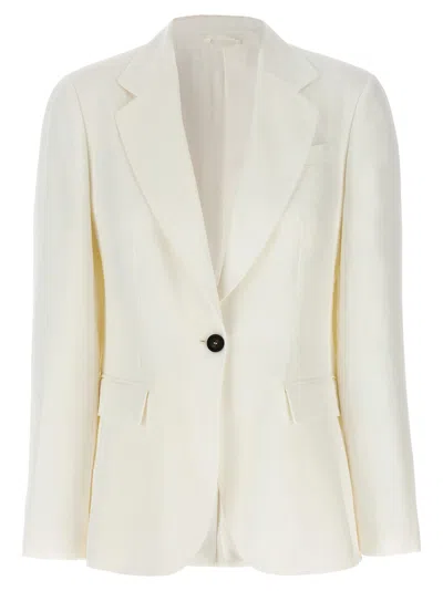 Brunello Cucinelli Cotton Linen Herringbone Single-breasted Oversized Blazer In White