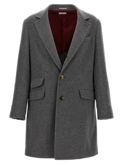 Brunello Cucinelli Single Breasted Cashmere Coat In Gray