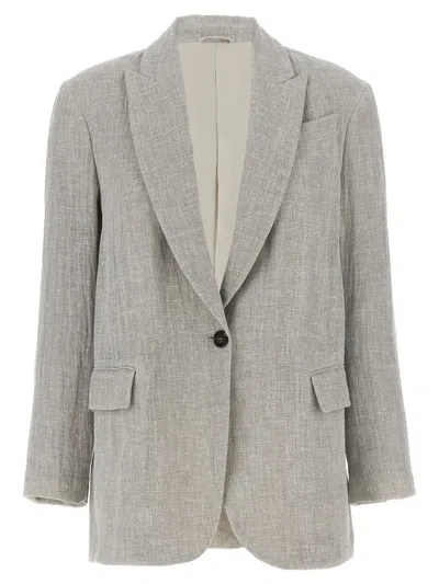 Brunello Cucinelli Single-breasted Linen Blazer In Gray