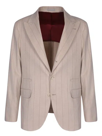 Brunello Cucinelli Striped Long-sleeved Suit Coat In Nude