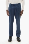 Brunello Cucinelli Single-pleated Pinstriped Wool Blend Pants In Blue