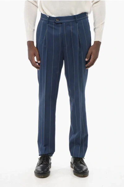 Brunello Cucinelli Single-pleated Pinstriped Wool Blend Pants In Blue