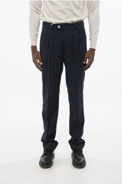 Brunello Cucinelli Single-pleated Virgin Wool Blend Pants With Pinstriped Motif In Blue