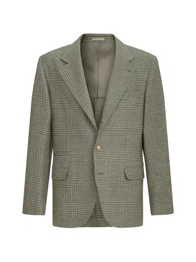 Brunello Cucinelli Prince Wales Single Breasted Wool Cashmere Blazer In Gray