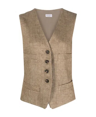 Brunello Cucinelli Single-breasted Linen Waistcoat In Brown