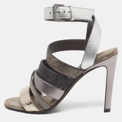 Pre-owned Brunello Cucinelli Size 36.5 Silver Leather And Snakeskin Embossed Ankle Strap Sandals