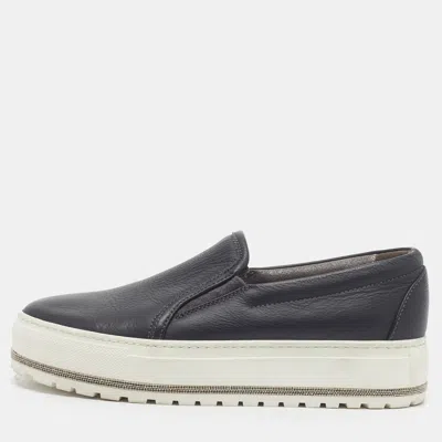 Pre-owned Brunello Cucinelli Size 37 Black Leather Slip On Sneakers