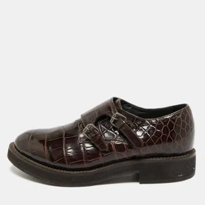 Pre-owned Brunello Cucinelli Size 37 Brown Croc Embossed Leather Oxfords