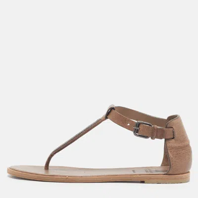 Pre-owned Brunello Cucinelli Size 37 Brown Leather T Strap Flat Sandals