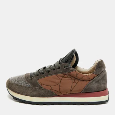 Pre-owned Brunello Cucinelli Size 37 Tricolor Fabric And Suede Studded Low Top Sneakers In Gray