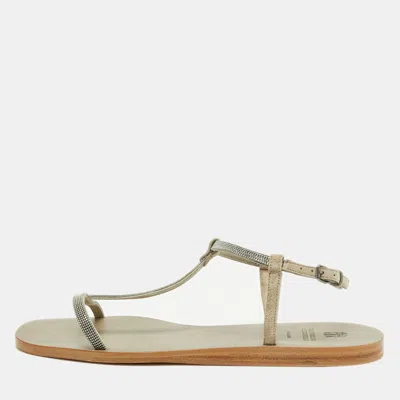Pre-owned Brunello Cucinelli Size 39 Grey Suede Thong Ankle Strap Sandals In Gray