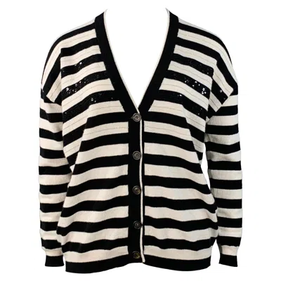 Pre-owned Brunello Cucinelli Size L Black White Cashmere Stripe Monili Beaded Sequined Cardigan