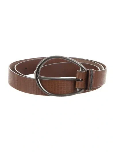 Pre-owned Brunello Cucinelli Skinny Embossed Leather Belt In Brown
