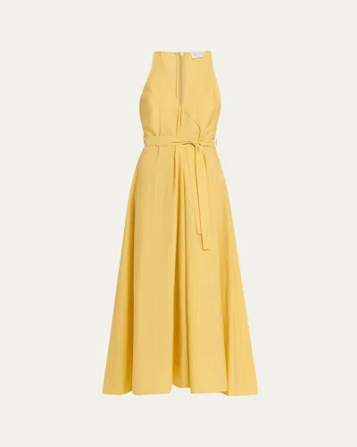 Brunello Cucinelli Sleeveless Belted Cotton Techno Poplin Midi Dress In Yellow