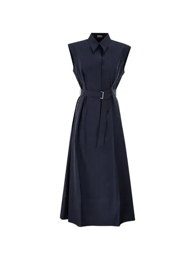 Brunello Cucinelli Women Long Sleeveless Cotton Dress With Belt At The Waist In Blue