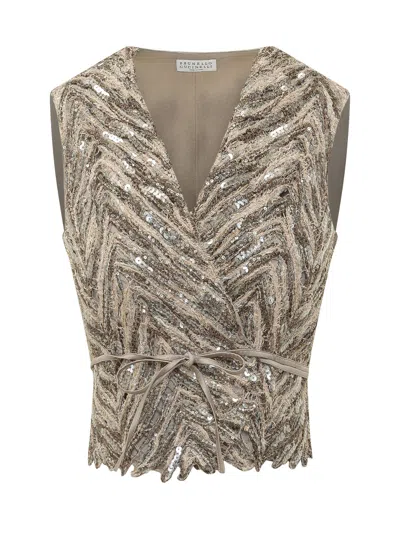 Brunello Cucinelli Sleeveless Cardigan With Belt And Chic Details In Multi