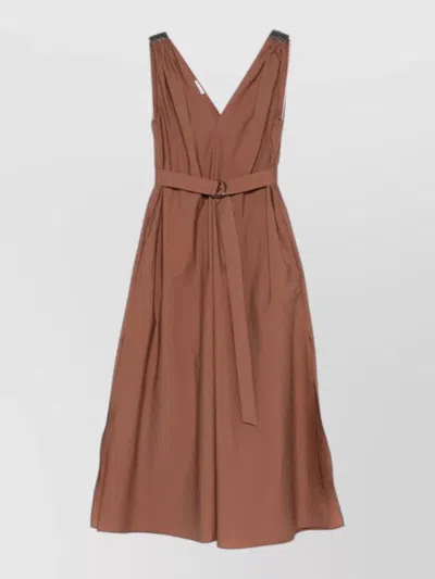 Brunello Cucinelli Sleeveless Cotton Midi Dress Beaded Straps In Brown