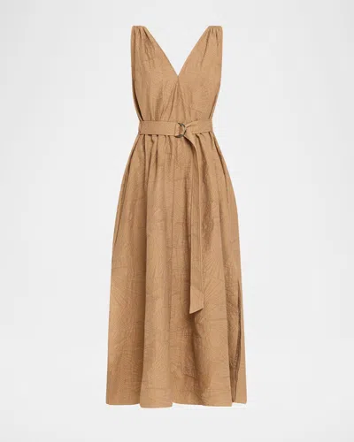 Brunello Cucinelli Sleeveless Cotton Poplin Jacquard Belted Midi Dress In Brown