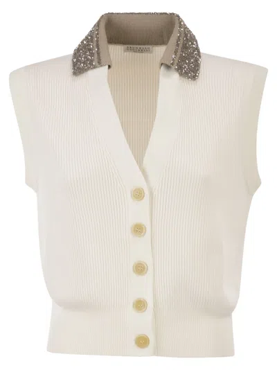 Brunello Cucinelli Sleeveless Cotton Ribbed Cardigan With Sequins In Multi