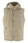 Brunello Cucinelli Men Sleeveless Down Jacket In Membraned Wool Flannel With Detachable Hood