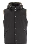 Brunello Cucinelli Men Sleeveless Down Jacket In Membraned Wool Flannel With Detachable Hood In Grey