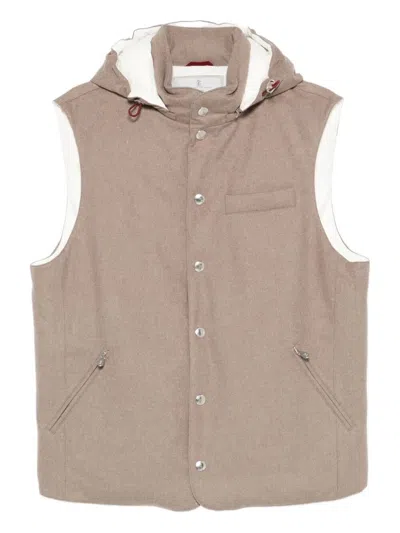 BRUNELLO CUCINELLI BONDED WOOL FLANNEL DOWN VEST WITH DETACHABLE HOOD