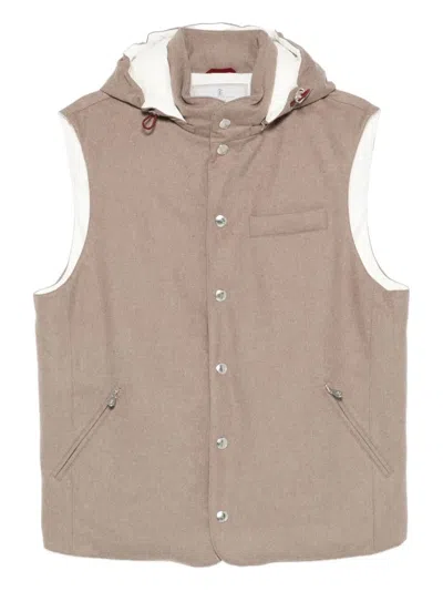 BRUNELLO CUCINELLI SLEEVELESS DOWN JACKET IN MEMBRANED WOOL FLANNEL WITH DETACHABLE HOOD